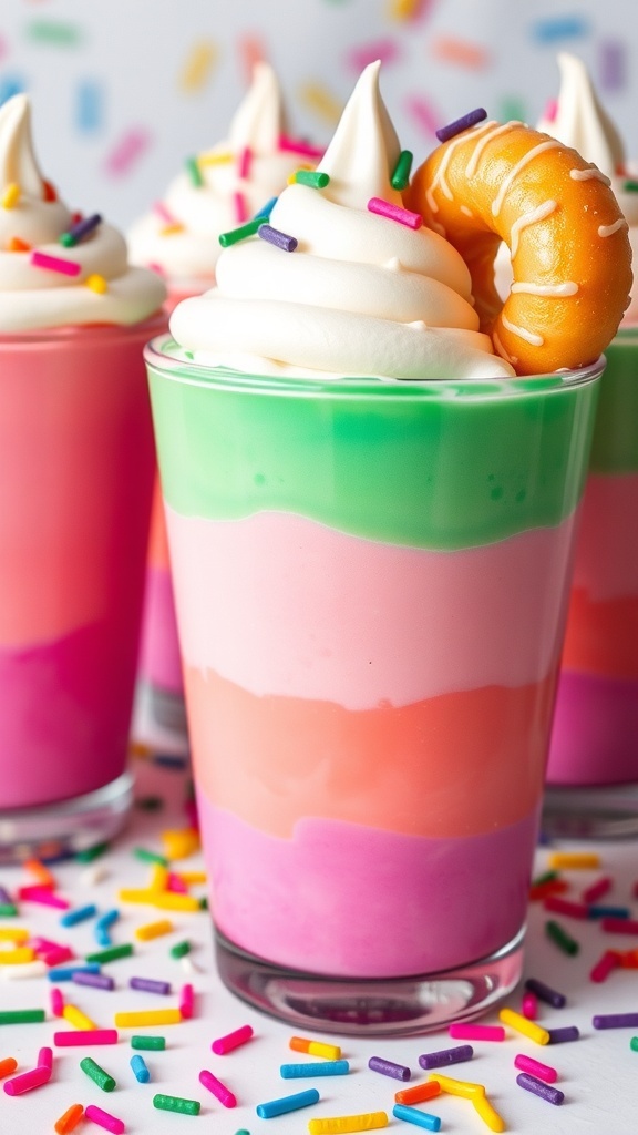 Colorful pudding cups with mini donuts and sprinkles, inspired by Splatoon.